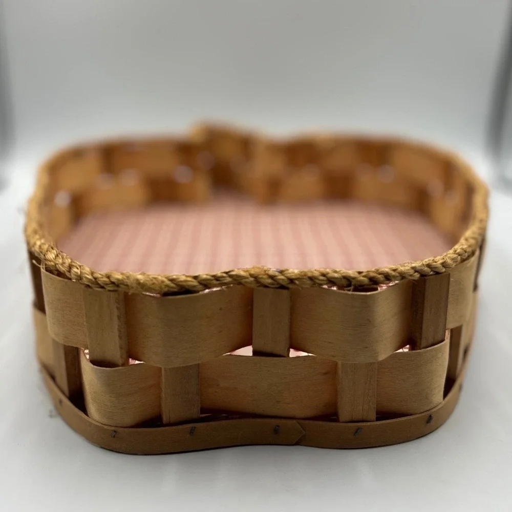 Apple Shaped Woven Wood Basket Red Gingham Lining Farmhouse Country Decor Large